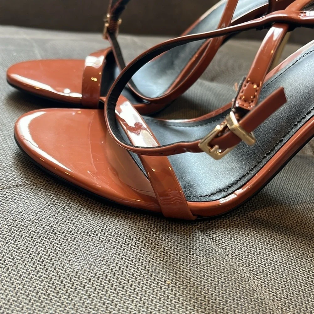 🎭 🥑Express Strappy Stiletto Heels Sandals Size 8 | Burnt Orange Gold